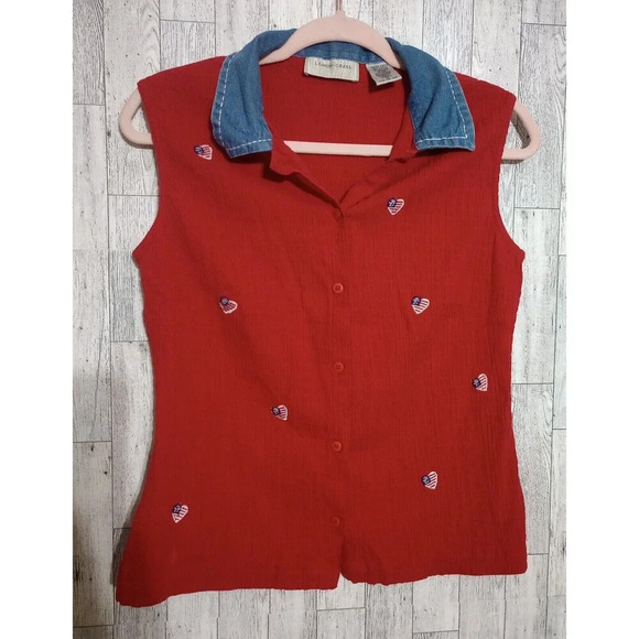 Lemon Grass Tops - Lemon Grass Sleeveless Embroidered Tank Poplin Red Hearts Flag Patriotic Medium